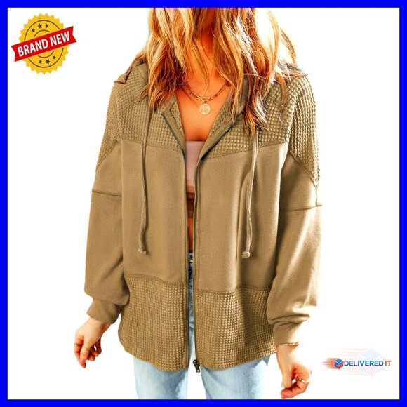 Jackets & Blazers - Waffle Knit Zip Up Hoodie Lightweight Casual Jacket Oversized Fit Drawstring